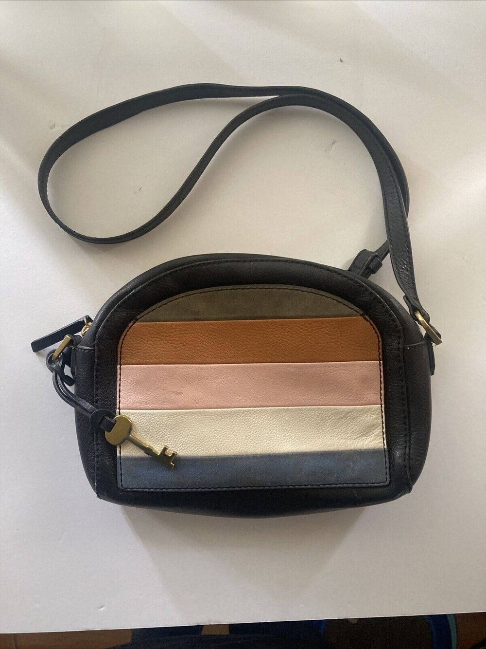 Fossil Leather Crossbody Bag Black Multicolor Striped Front Key Charm Adj Strap